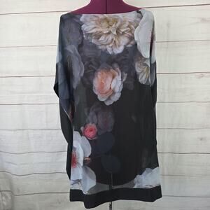 Ted Baker Poncho Womens Medium Black Floral Sheer Kimono Overlay‎ Blouse Top